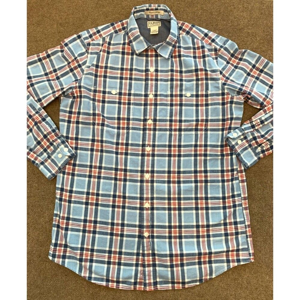 Ll Bean Button Shirt Mens L Tall Long Sleeve Plaid Cotton Outdoor Camp Hike